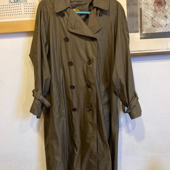Vintage Burberry Green Silk Trench Coat Sz 6 / M/L - Picture 1 of 16